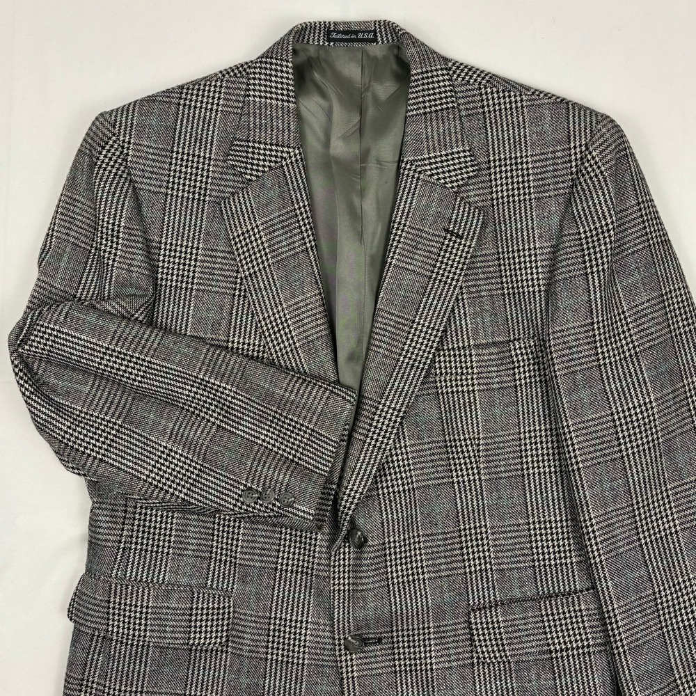 VTG Stafford Wool/Silk 3-Button Sport Coat 44R Glen Plaid Teal Windowpane USA